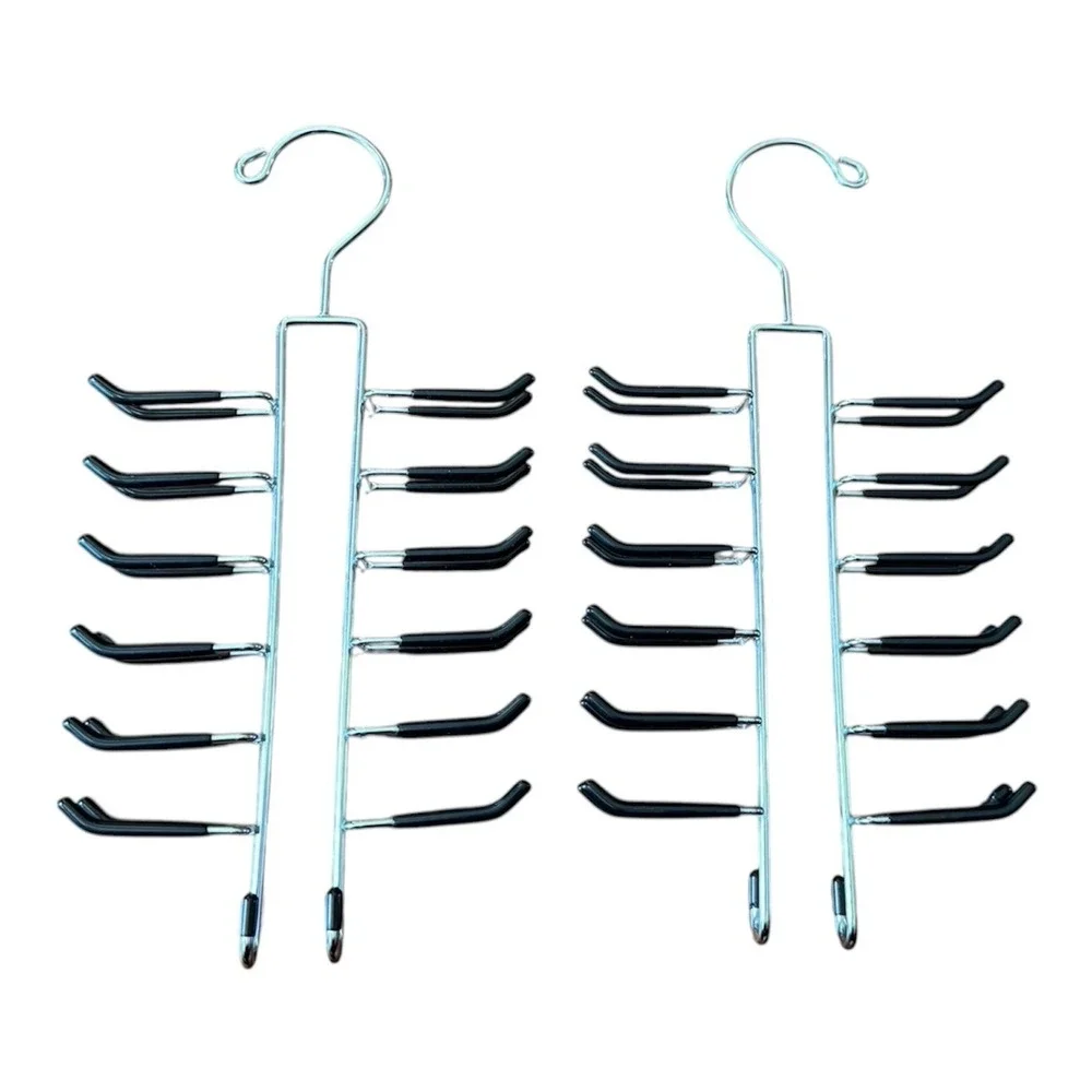 Lot of 2 Metal Tie Belt Scarf Hangers 12 Hook Closet Organizer Black Rubber Tips